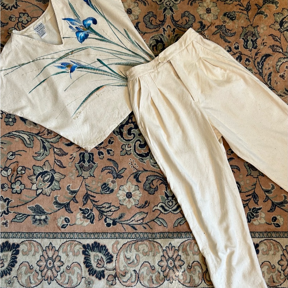 1980s Hand Painted Two Piece Set – Natural Cotton Top & High Waist Pants (S/M)